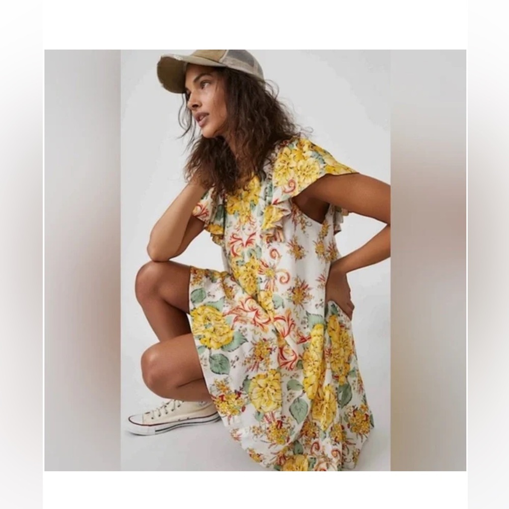 Free People White Floral Mini Dress with Yellow and Green Print